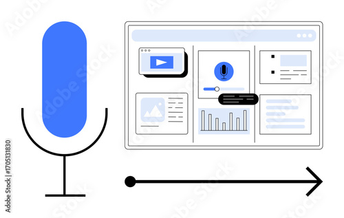 Microphone beside dashboard displaying charts, audio controls, and files. Ideal for AI, machine learning, digital tools, software development, audio analysis voice control modern technology. Simple