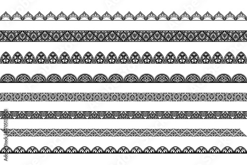 Set of seamless borders for design and application of henna. Mehndi style. Decorative pattern in oriental style.