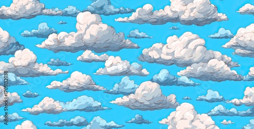 Cartoon clouds fill a vibrant blue sky