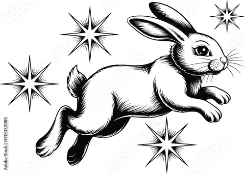 Black and white illustration of a jumping rabbit with starbursts