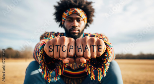 Individual Black ethnicity, large afro hairstyle, Protesting Against Hate with Hands Displayed in an Open Field for Social Awareness Campaigns, Activism Awareness, Blogs, and Digital Content