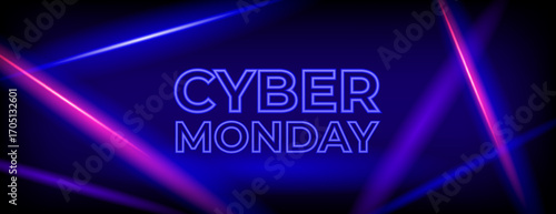 Cyber Monday neon banner with diagonal glowing light beams on a dark futuristic background. Modern luminous design for online discounts, e-commerce promotions, and social media ads.