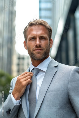 Confident businessman adjusting tie in modern cityscape, wearing light gray suit and smiling