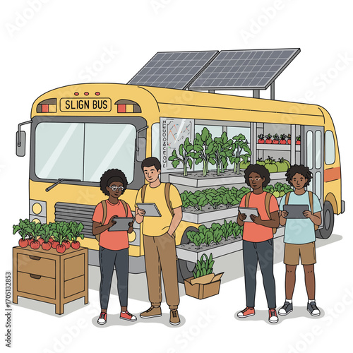 Driving Green Innovation: Community-Led Mobile Farm Vector Illustration for Sustainable Urban Living
