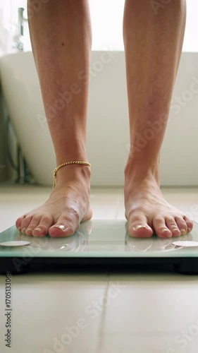 Well-groomed bare feet step onto a sleek digital bathroom scale in a pristine modern bathroom with soft natural light, embodying a journey of health awareness