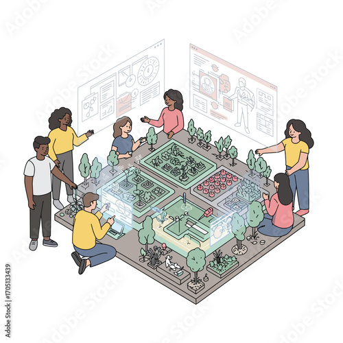 Driving Sustainable Futures: Diverse Team Innovates Urban Agritech and Smart Farming Vector Illustration