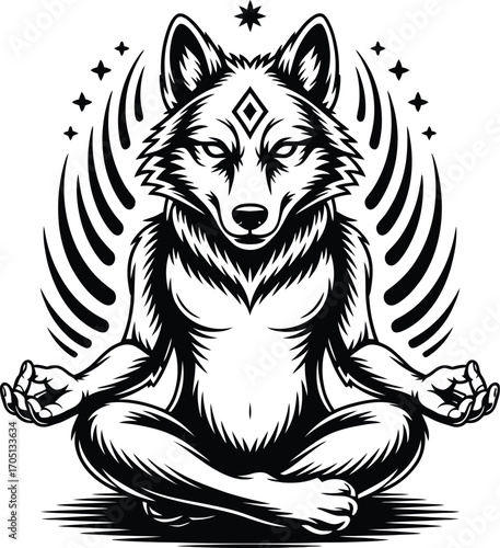 Black and white wolf meditating in lotus pose with stars