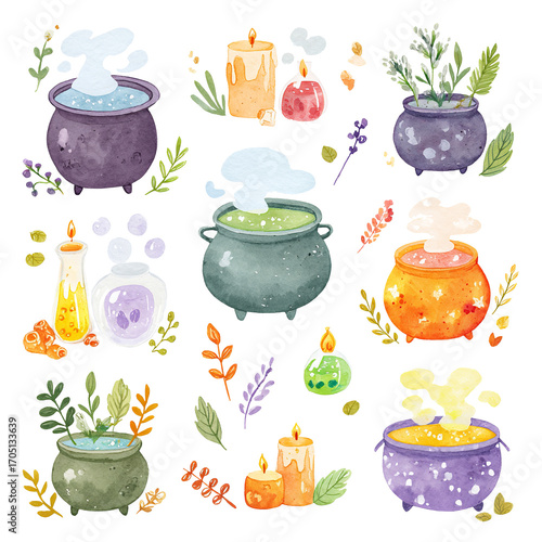 Magical Witches Cauldrons with Bubbling Potions, Herbs and Candles Watercolor Halloween Illustration Set