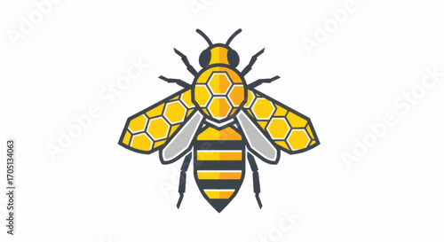 Stylized Bee with Honeycomb Wings and Stripes.