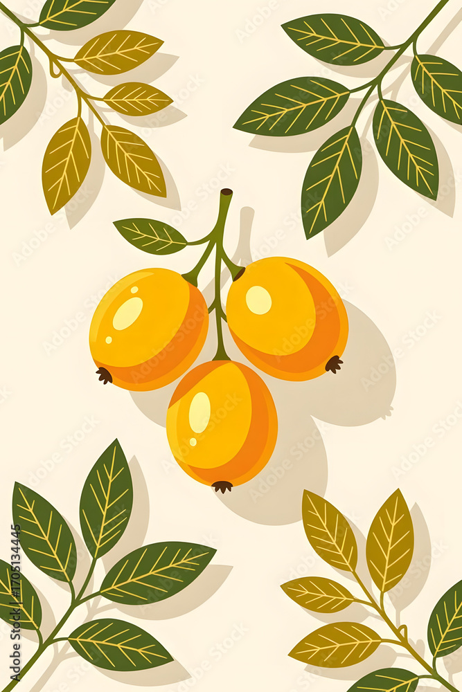 Obraz premium Sea Buckthorn Berries with Leaves – Flat Design Vector Illustration