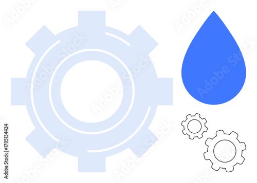 Blue water droplet next to large translucent gear and smaller black gears. Ideal for technology, engineering, water conservation, sustainability, energy, machinery, and simple landing page