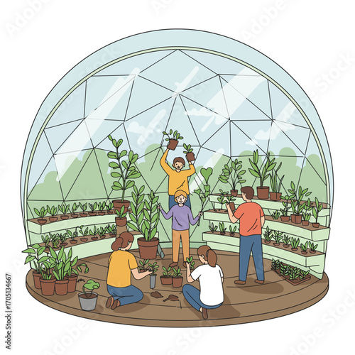 Community Cultivating a Sustainable Future: Collaborative Urban Gardening Vector Illustration