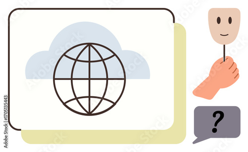 Globe inside a cloud, hand holding a smiling mask, and speech bubble with question mark. Ideal for topics thumbs up global connection, identity, data privacy, self-expression, technology, internet
