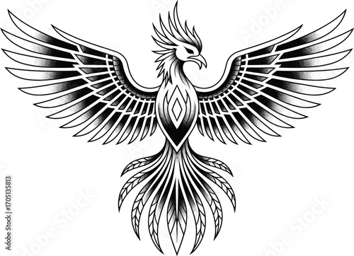 Black and white phoenix bird with outstretched wings 1