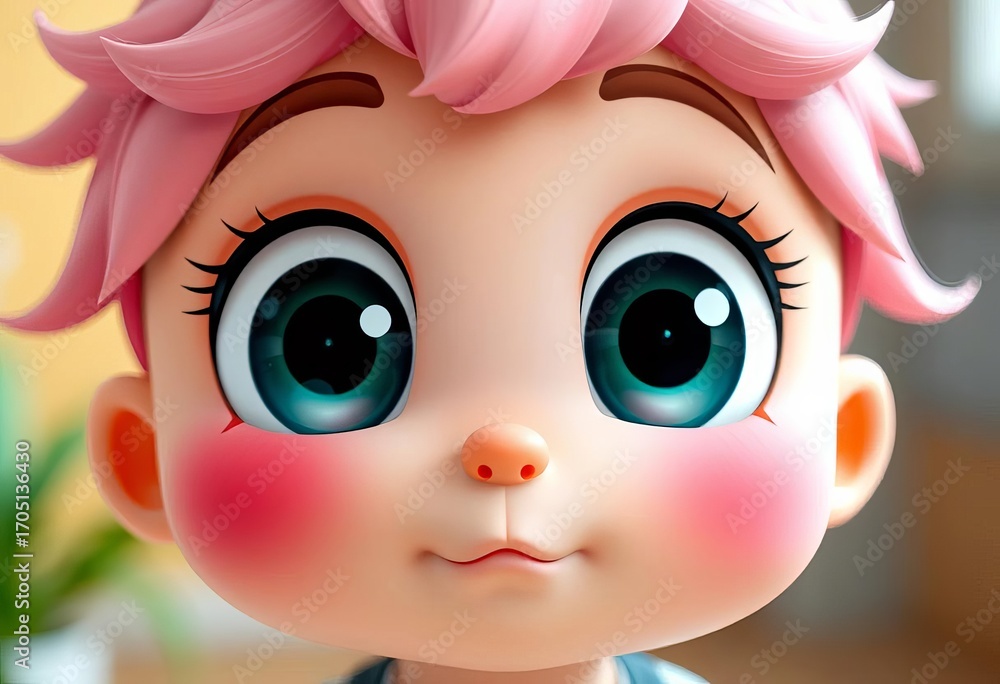 Obraz premium Large expressive eyes, rosy cheeks, small nose, tiny mouth, chibi style, drawing, pink
