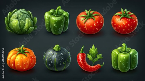 Fresh, detailed illustration of various vegetables with water droplets