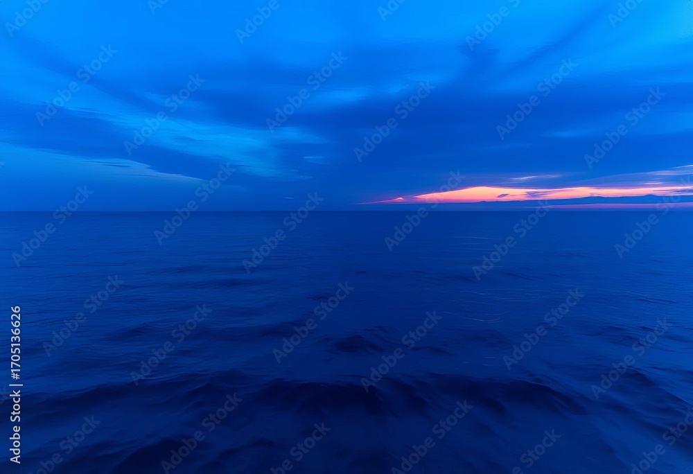 Obraz premium A tranquil ocean scene at twilight, deep blue hues dominating the sky and water, water, design
