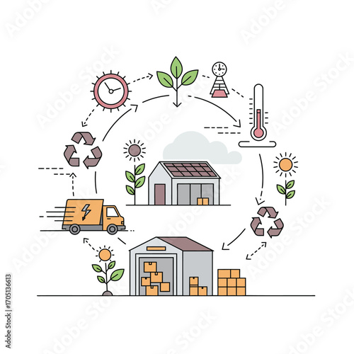 Sustainable Circular Economy Vector Illustration: Visualizing Eco-Friendly Supply Chain and Green Logistics for Modern Business Solutions