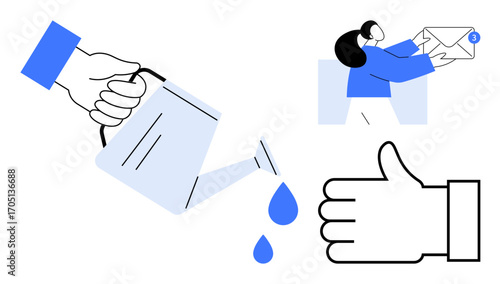 Hand watering plant with drops, person holding email, thumb-up gesture emphasizing growth, connection, feedback. Ideal for ideas, teamwork, collaboration, success engagement communication simple