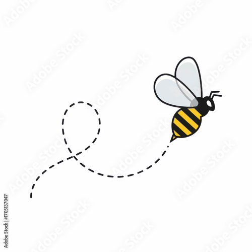 Cute cartoon bee flying with a dotted path insect illustration.