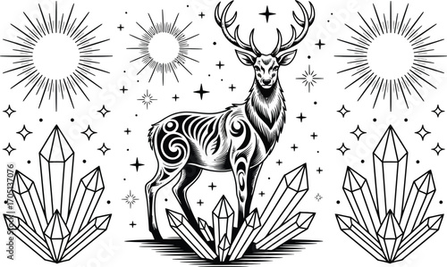 Black and white illustration of a deer surrounded by crystals and stars