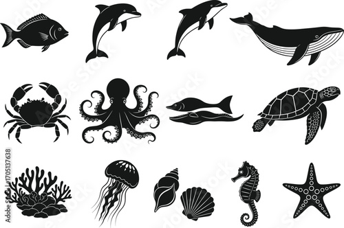 Marine life silhouette vector, sea animals clipart, ocean creatures icons, underwater wildlife set, black aquatic elements, editable illustration pack