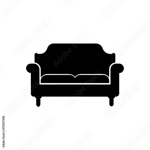 Illustration of a black silhouette couch on transparent background