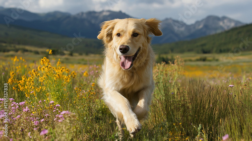 A golden retriever runs across a field of flowers, with mountains in the background 