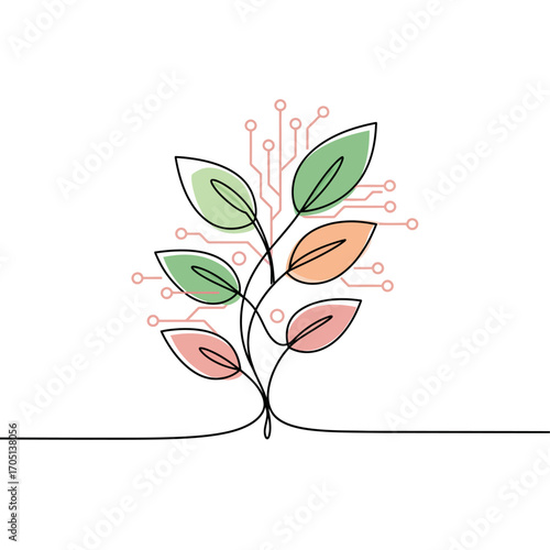 Eco-Friendly Tech Growth Vector Illustration: Merging Nature's Vitality with Digital Innovation