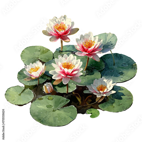 Pond Lily, watercolor drawing vector, isolated on a white background.