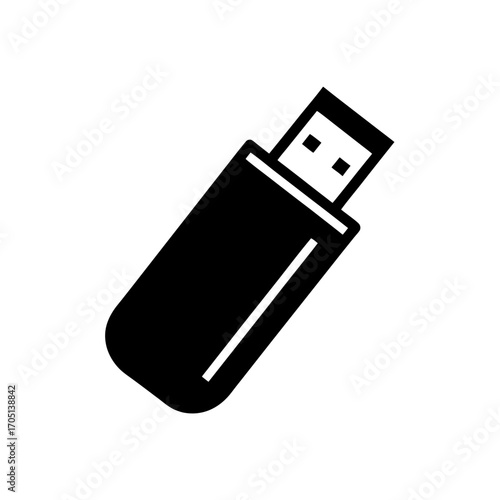 Black and white flash drive storage device on transparent background silhouette