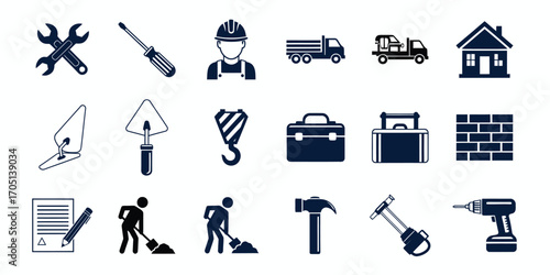 Construction And Repair Tools Icons Set With Worker And Vehicles wrench spanner