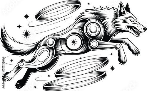 Black and white illustration of a robotic wolf jumping with rings