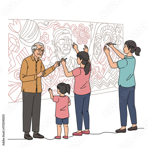 Vector Illustration: Multi-Generational Family Collaborates on Creative Mural Art Project, Fostering Learning and Community Spirit