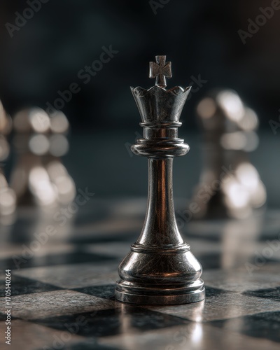 Close-up of a dark, metallic king chess piece on a marble board