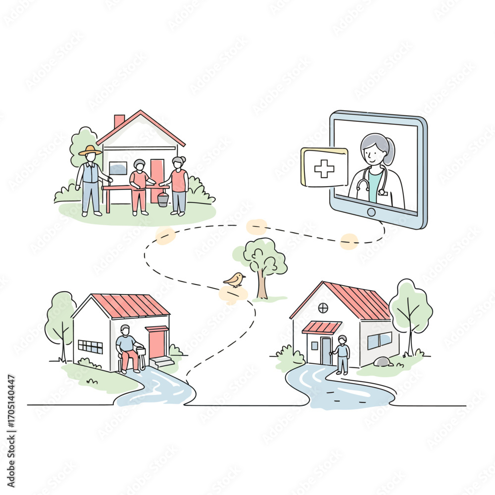 Fototapeta premium Integrated Community Health and Telemedicine Network for Modern Home Care Vector Illustration