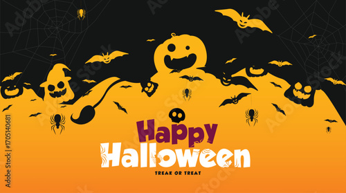 Halloween vector design with spooky pumpkins, bats, spiders, and cobwebs on an orange and black background. Perfect for festive greeting cards, trick or treat party invitations, and holiday posters.