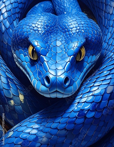 Close-up of a vibrant blue snake