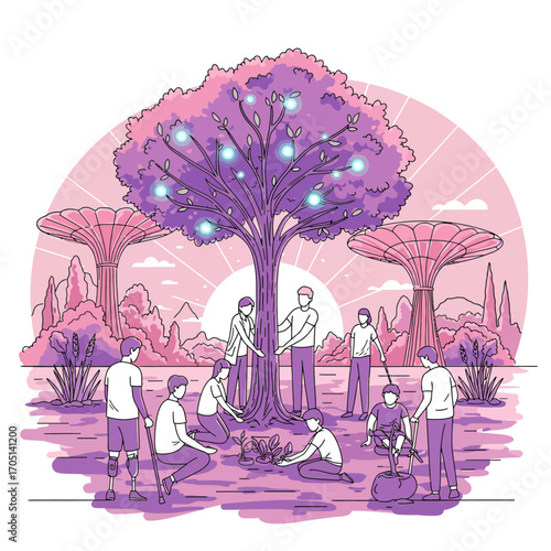 Inclusive Community Nurturing a Sustainable Future and Technological Growth - Vector Illustration