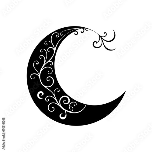 Ornate crescent moon with floral design on transparent background silhouette