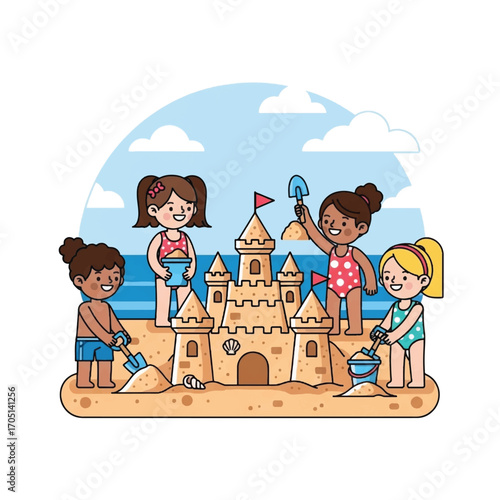 Children Building and Playing with Sandcastle at the Beach