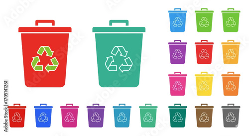 Colorful Simple Flat Icon Set For Compost Bin With Recycling Arrows