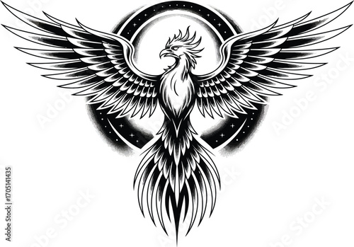 Black and white phoenix with outstretched wings and starry circle