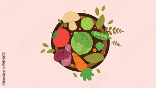 Flat round bowl illustration with various fresh vegetables and mushrooms