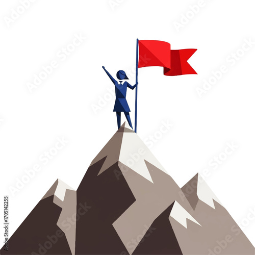 Successful businesswoman stands victorious on a mountain peak holding a flag, symbolizing achievement and leadership