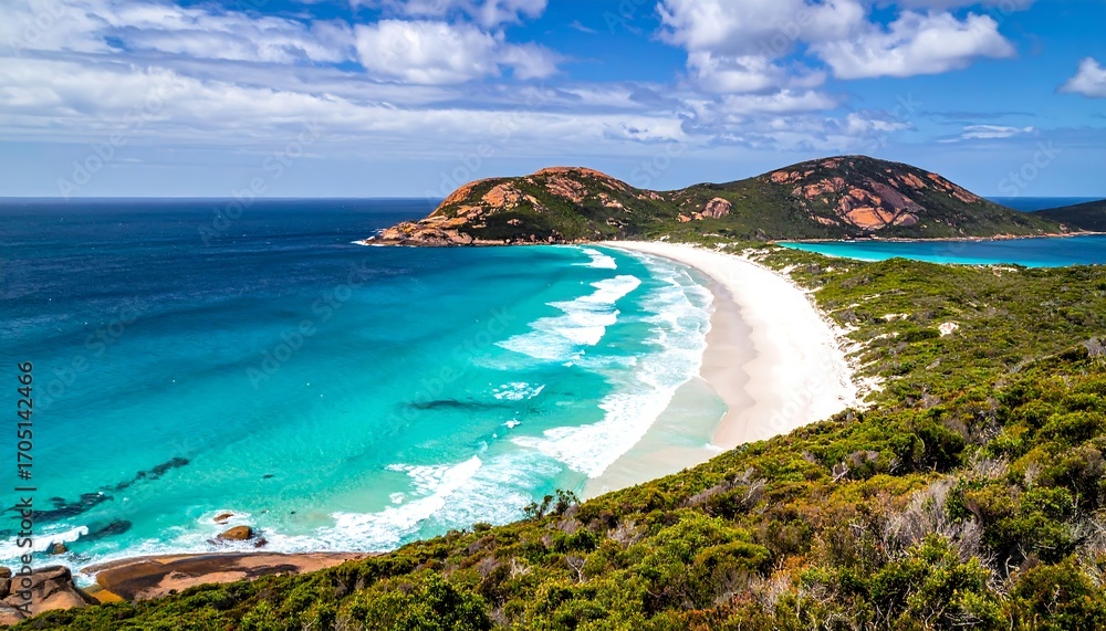 Obraz premium Pristine beach, turquoise water, dramatic coastline