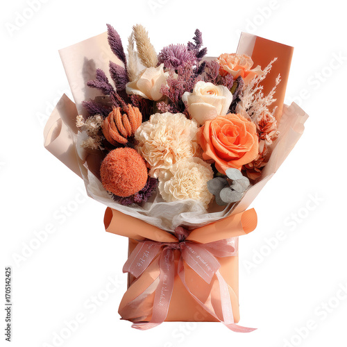 Pastel-toned bouquet of dried and preserved flowers in a light peach-colored box