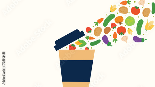 Coffee cup with colorful vegetables flying out artistic illustration