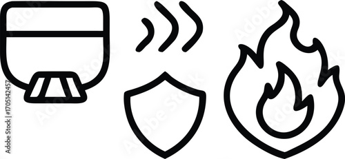 Fire protection shield and smoke detector icons safety