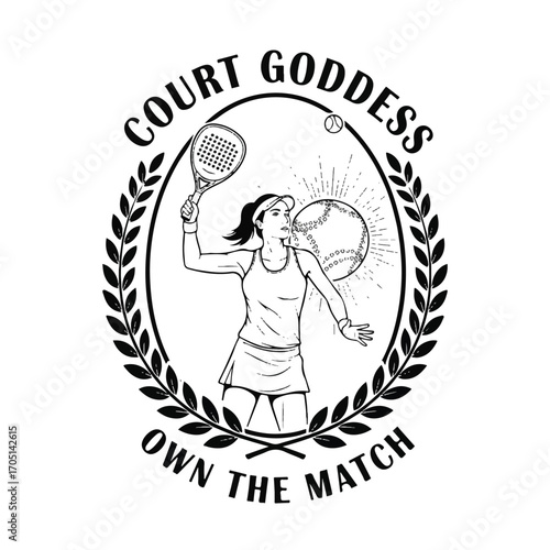 Court Goddess Own the Match logo with woman playing tennis.